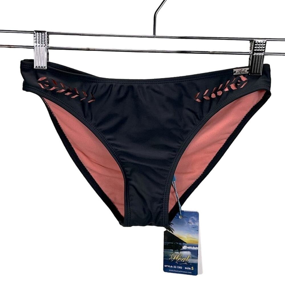 NWT HEAT Gray & Coral Mid‎ Rise Cut Out Ruched Stretch Bikini Bottom Sz Small